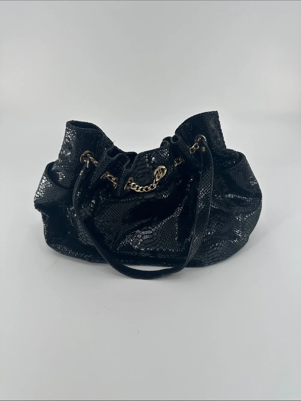 Michael Kors Black Patent Snakeskin-Textured Drawstring Shoulder Bag